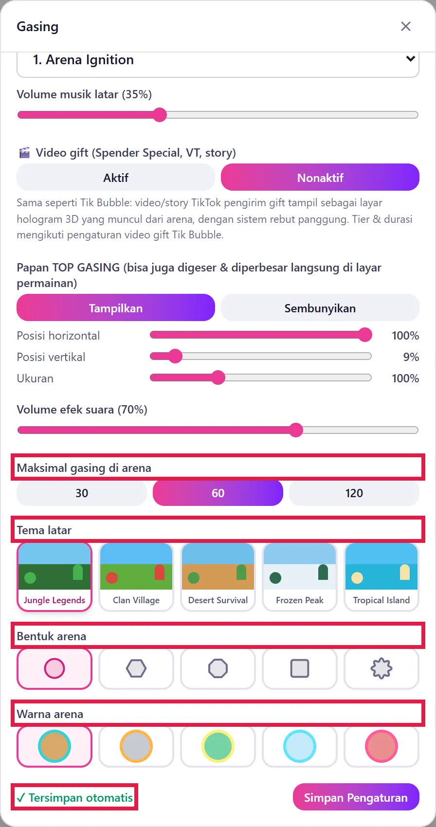 Maksimal gasing, Tema latar, Bentuk & Warna arena, Tersimpan otomatis