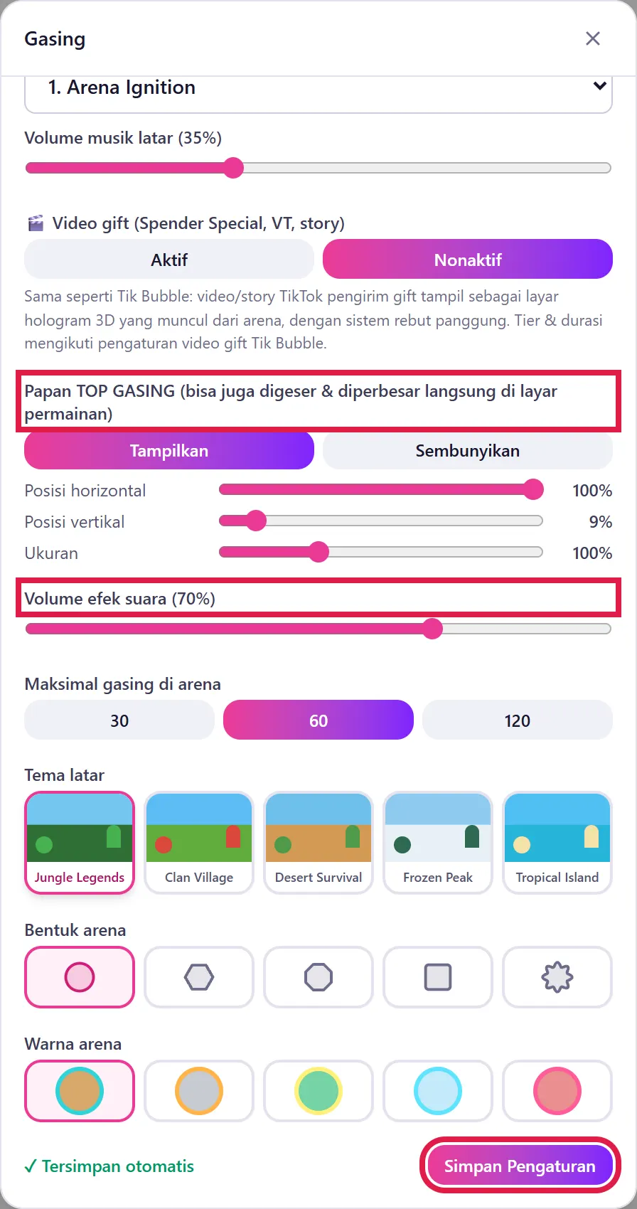 Papan TOP GASING, Volume efek suara, Simpan Pengaturan