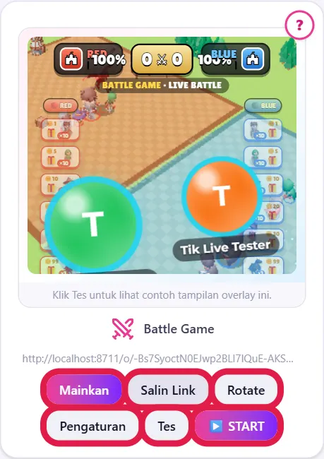Kartu Battle Game: Mainkan, Salin Link, Rotate, Pengaturan, Tes, START