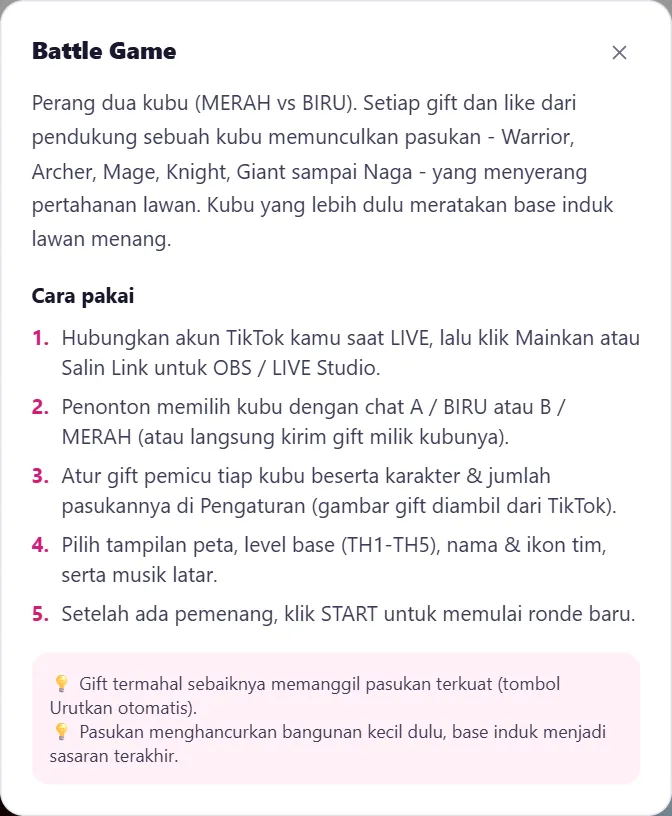 Panduan singkat dari tombol ? di kartu Battle Game