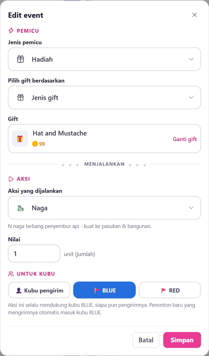 Dialog Edit event: Pemicu, Aksi, Untuk Kubu