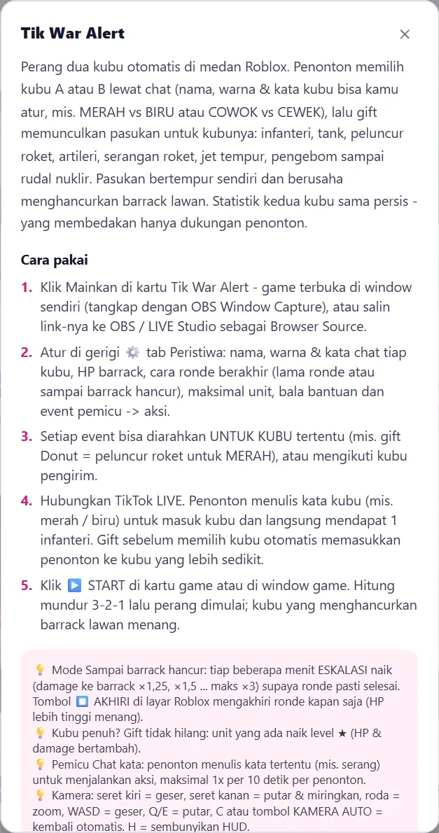 Panduan singkat dari tombol ? di kartu Tik War Alert