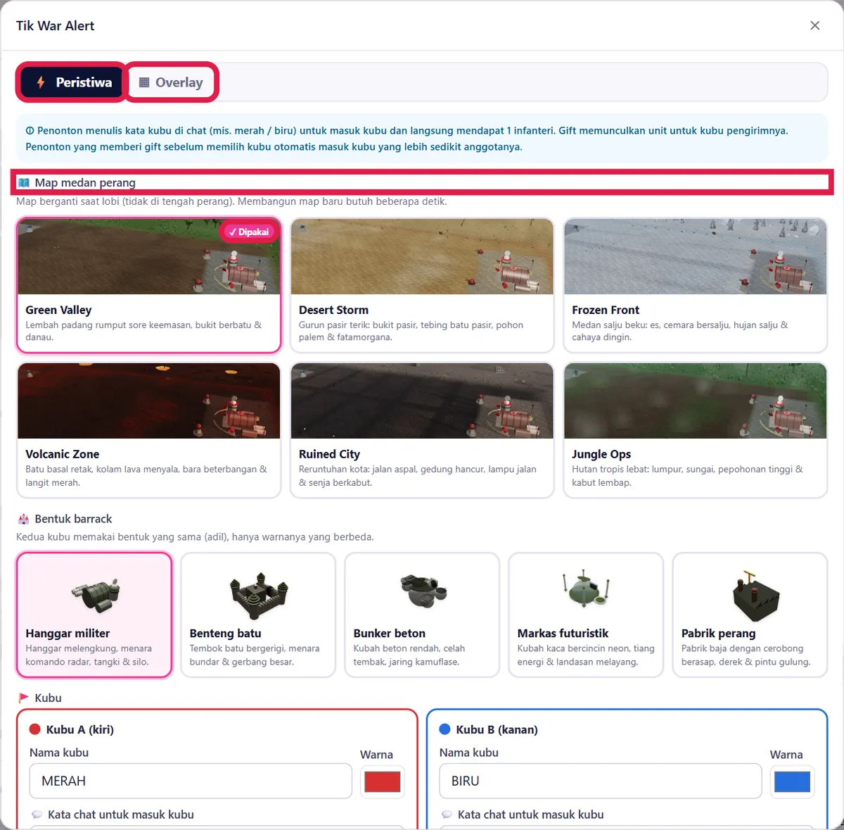 Tab Peristiwa/Overlay dan pilihan Map medan perang