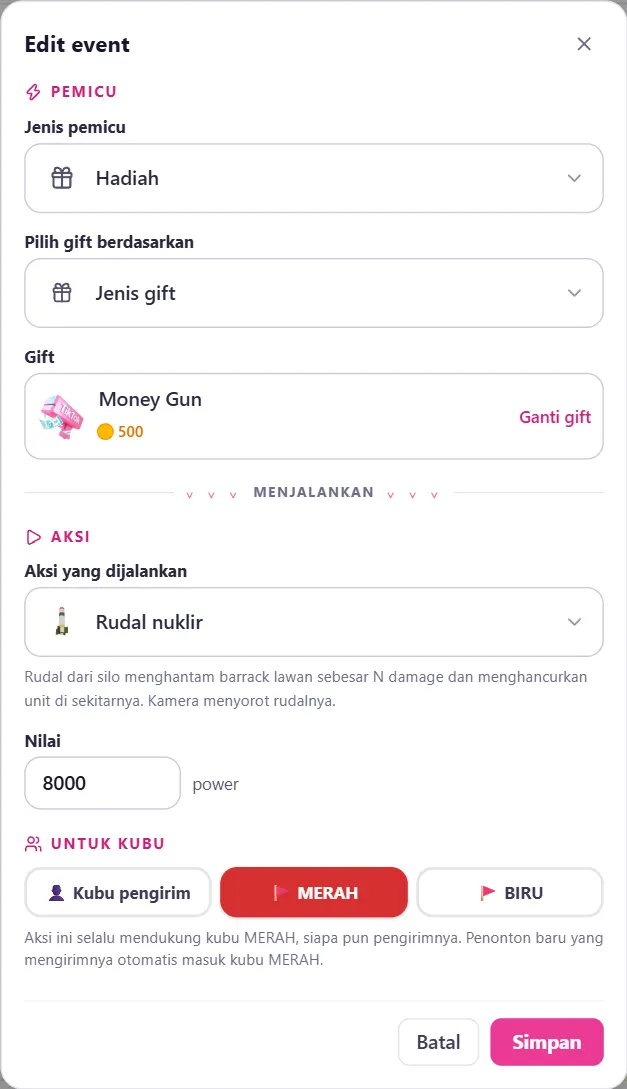 Dialog Edit event: Pemicu, Aksi, Untuk Kubu