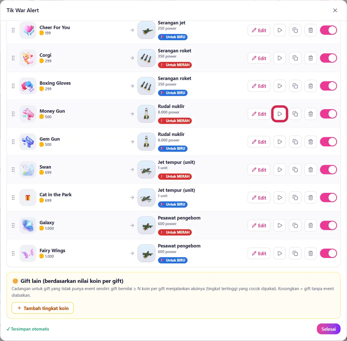 Tombol Tes di game pada baris Rudal nuklir