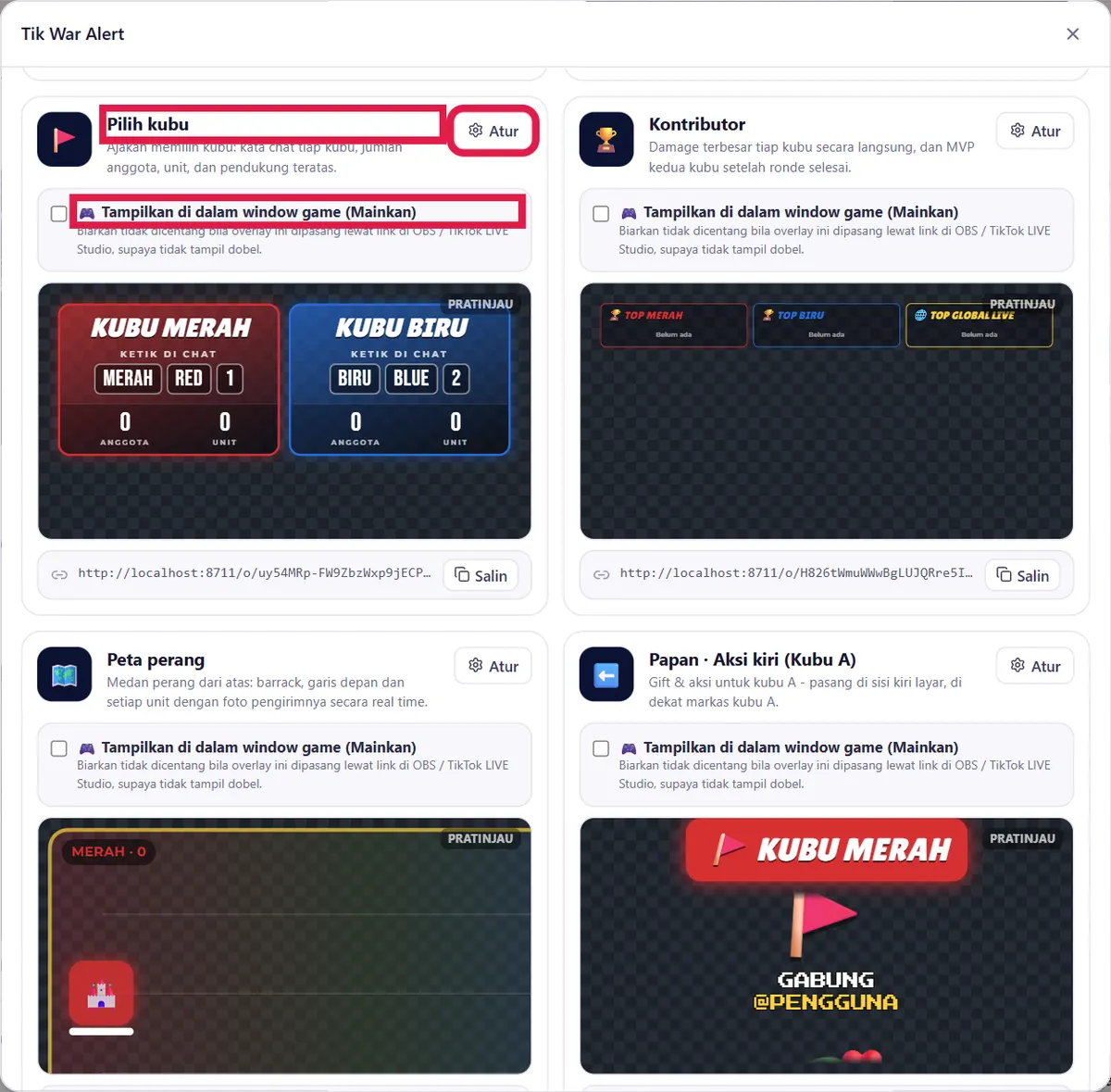 Kartu Pilih kubu: centang Tampilkan di window game & Atur