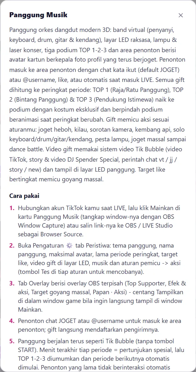 Panduan singkat dari tombol ? di kartu Panggung Musik