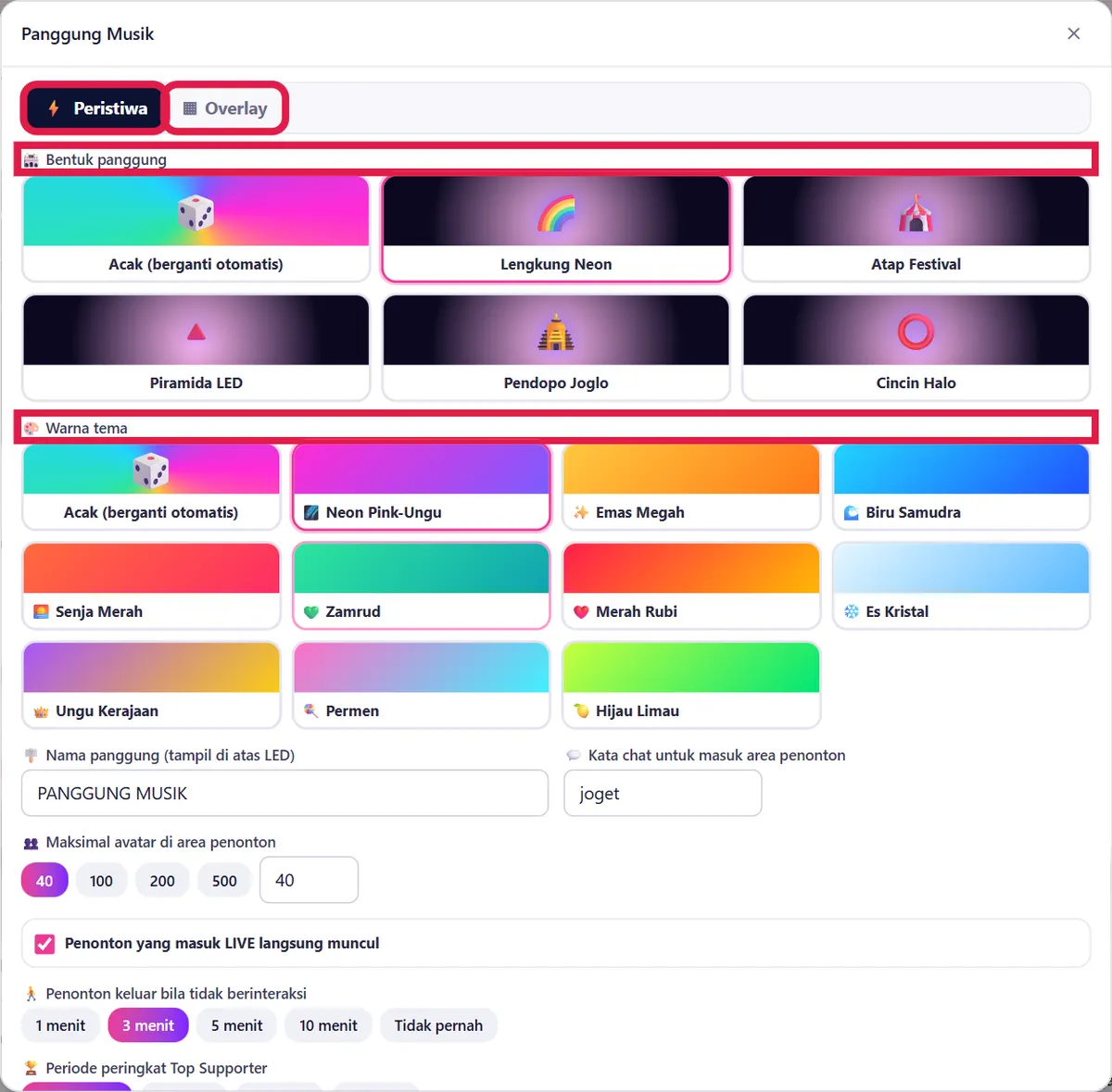 Tab Peristiwa/Overlay, Bentuk panggung dan Warna tema