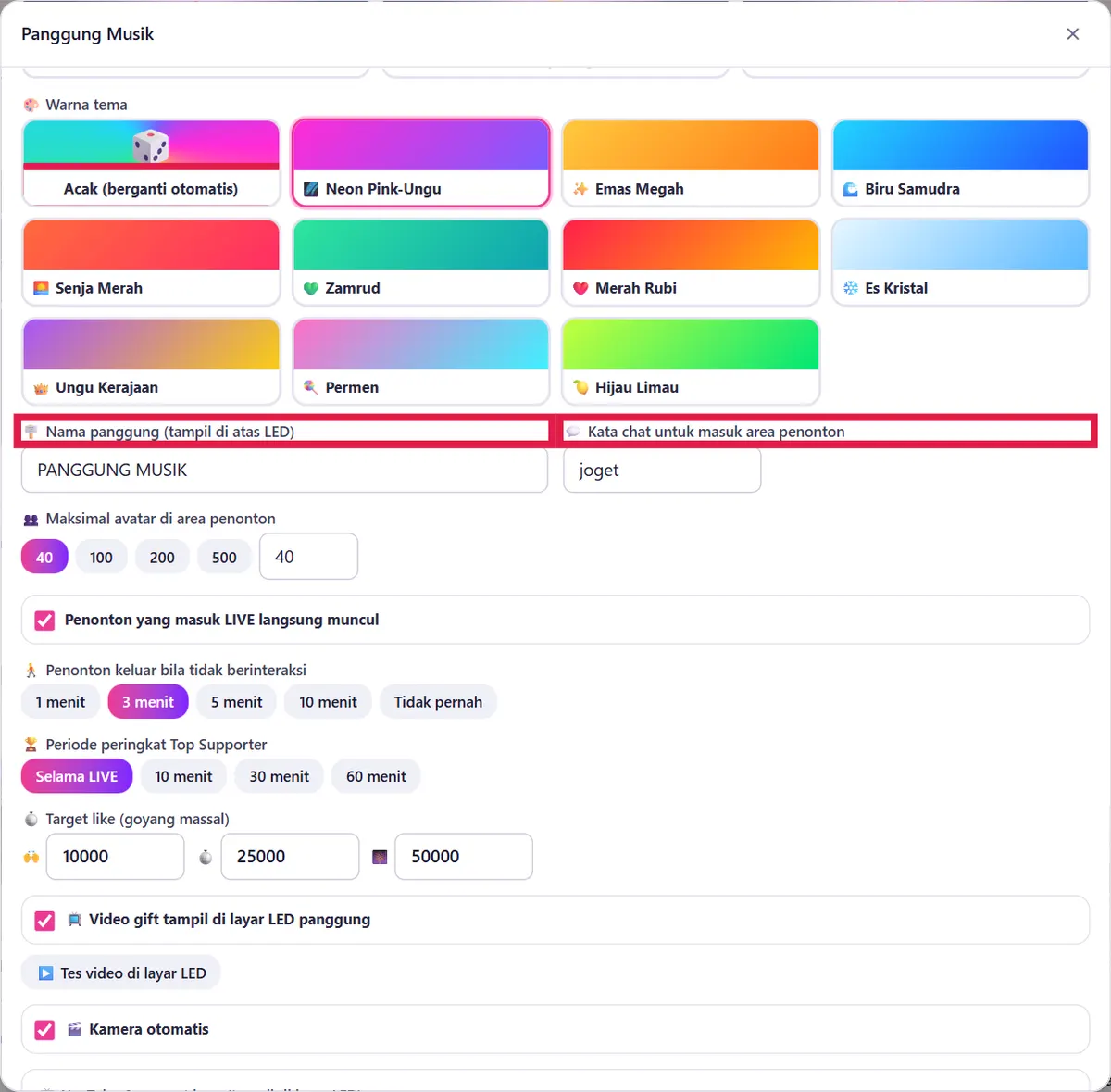 Warna tema, Nama panggung dan Kata chat masuk area penonton
