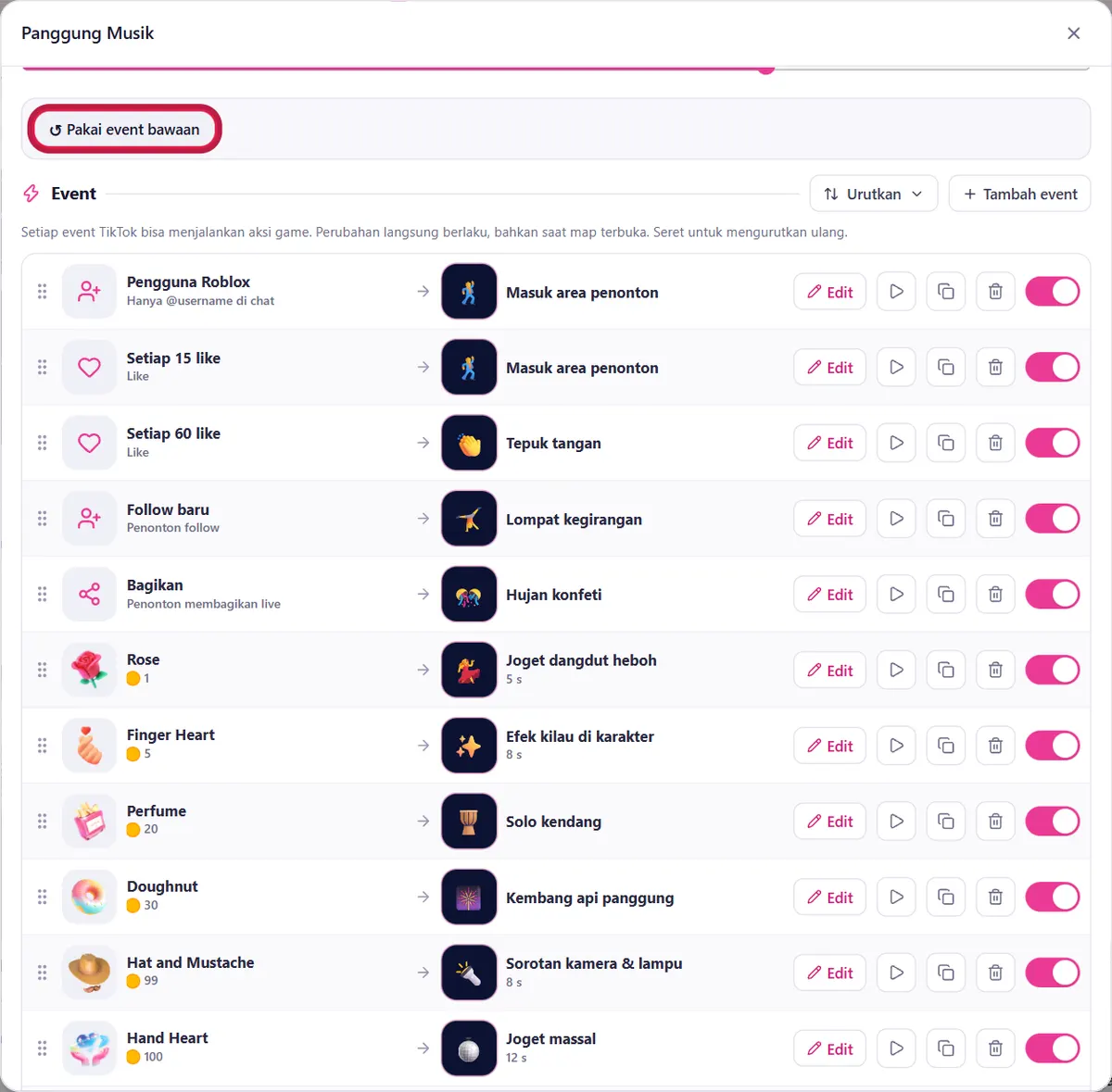 Tombol Pakai event bawaan dan daftar Event