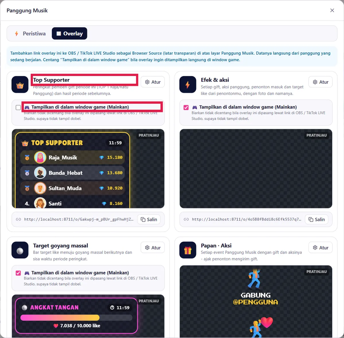 Tab Overlay: Top Supporter, Efek & aksi, Target goyang massal, Papan Aksi
