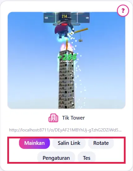 Kartu Tik Tower di tab Game: Mainkan, Salin Link, Rotate, Pengaturan, Tes