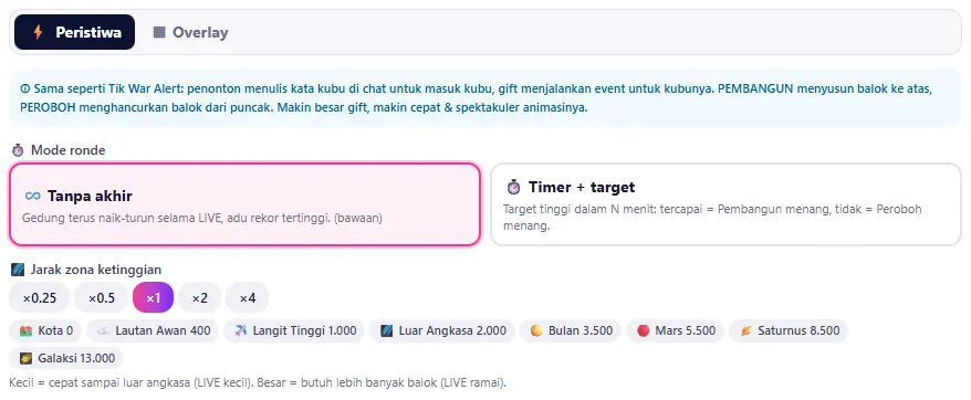 Tab Peristiwa: Mode ronde dan Jarak zona ketinggian