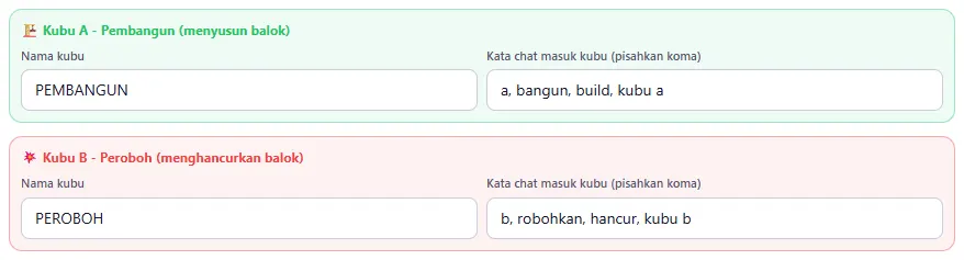 Kotak Kubu A - Pembangun dan Kubu B - Peroboh: nama & kata chat