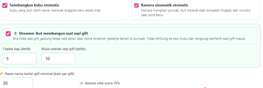 Seimbangkan kubu, kamera sinematik, streamer ikut membangun, papan nama lantai & volume