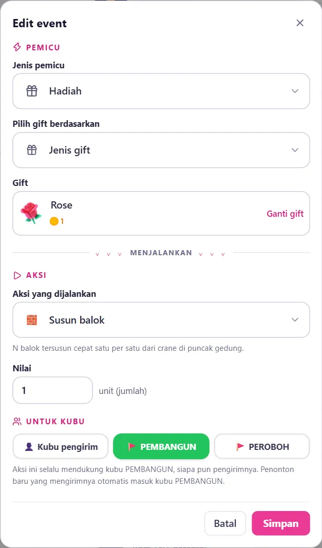 Form Edit event Rose: jenis pemicu, aksi, nilai & UNTUK KUBU