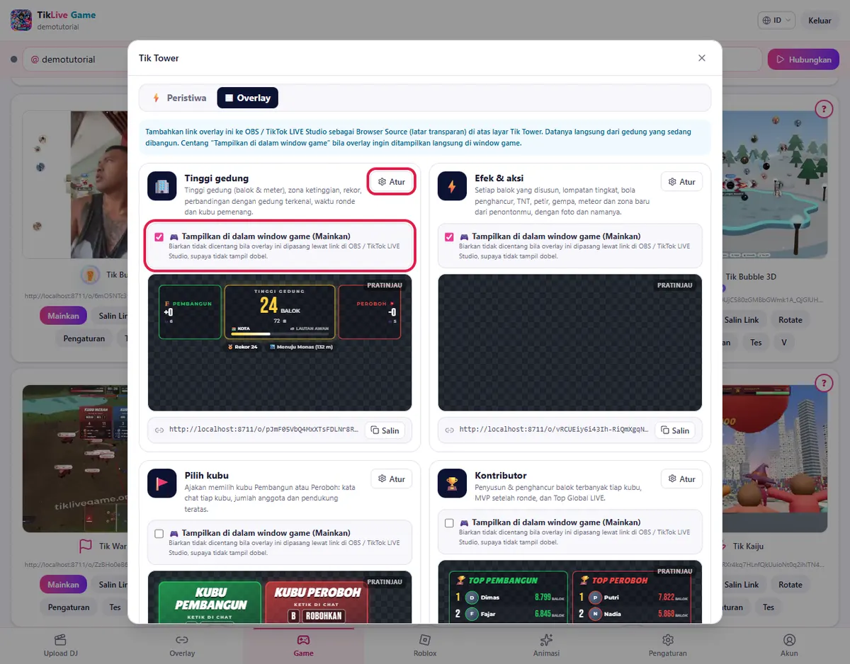 Tab Overlay: kartu overlay dengan centang Tampilkan di dalam window game & tombol Atur