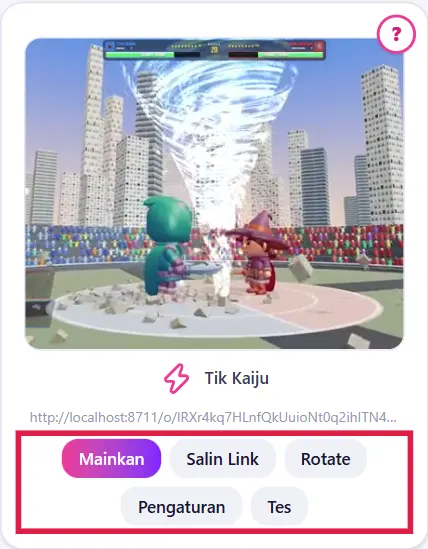 Kartu Tik Kaiju di tab Game: Mainkan, Salin Link, Rotate, Pengaturan, Tes