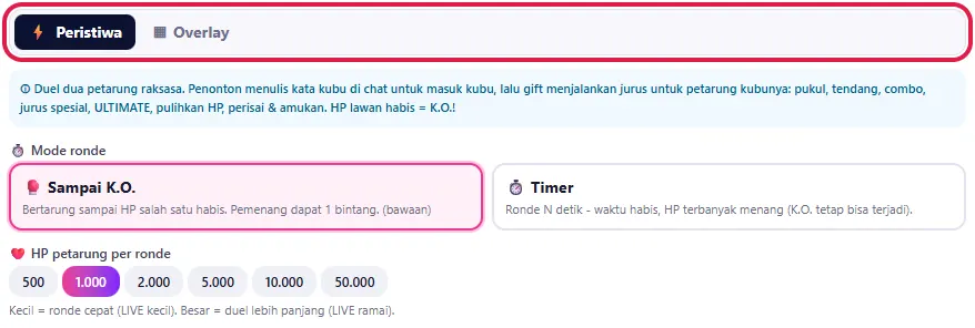Tab ⚡ Peristiwa & ▦ Overlay; Mode ronde (Sampai K.O. / Timer) dan HP petarung per ronde
