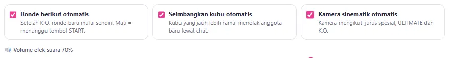 Centang Ronde berikut otomatis, Seimbangkan kubu, Kamera sinematik & Volume efek suara