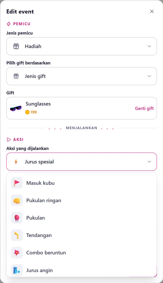 Dropdown Aksi yang dijalankan: daftar jurus (pukulan, tendangan, combo, ULTIMATE, dll.)