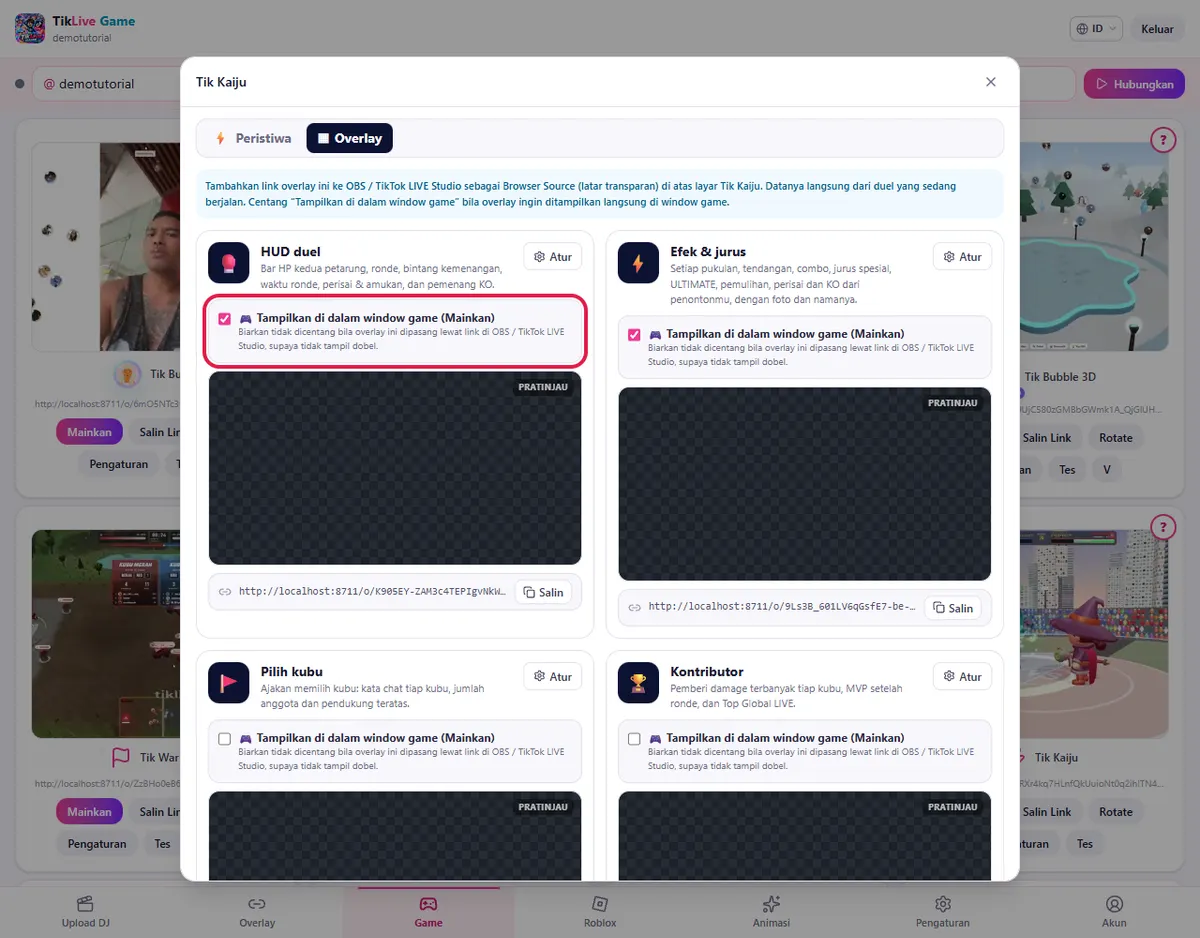 Tab Overlay: kartu overlay dengan centang 🎮 Tampilkan di dalam window game (Mainkan)