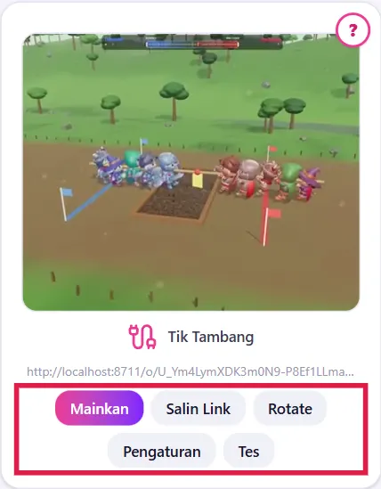Kartu Tik Tambang di tab Game: Mainkan, Salin Link, Rotate, Pengaturan, Tes
