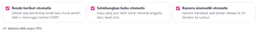 Centang Ronde berikut otomatis, Seimbangkan kubu, Kamera sinematik & Volume efek suara