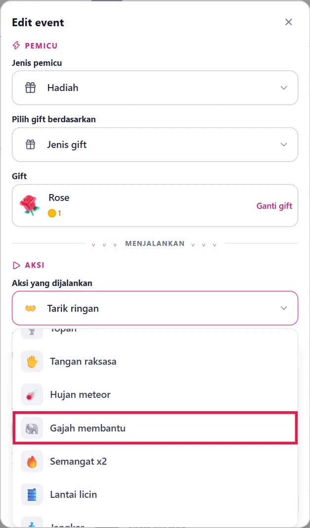 Tambah event: dropdown Aksi yang dijalankan berisi 🐘 Gajah membantu