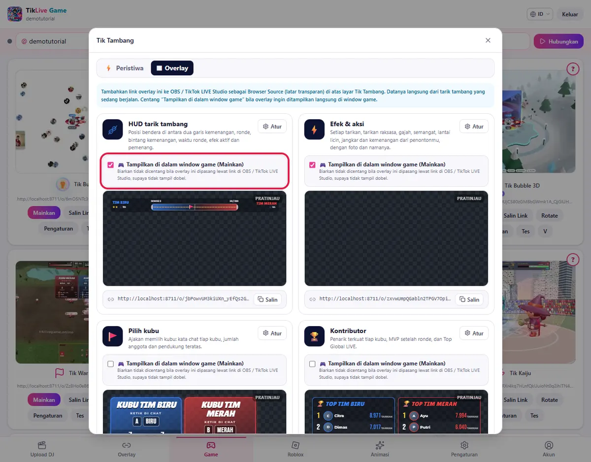 Tab Overlay: kartu overlay dengan centang 🎮 Tampilkan di dalam window game (Mainkan)