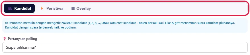 Tiga tab (Kandidat, Peristiwa, Overlay) dan kolom ❓ Pertanyaan polling