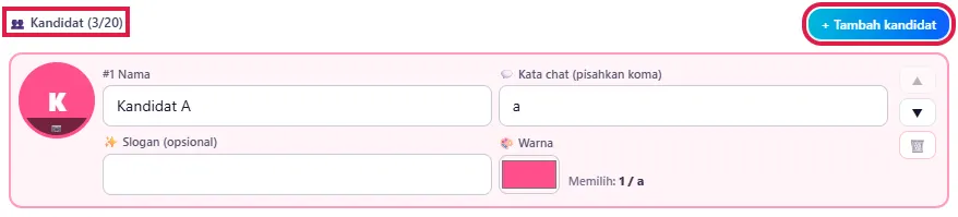 Kartu kandidat: foto 📷, nama, kata chat, slogan, warna, tulisan Memilih:, tombol ▲ ▼ 🗑, + Tambah kandidat & penghitung (3/20)
