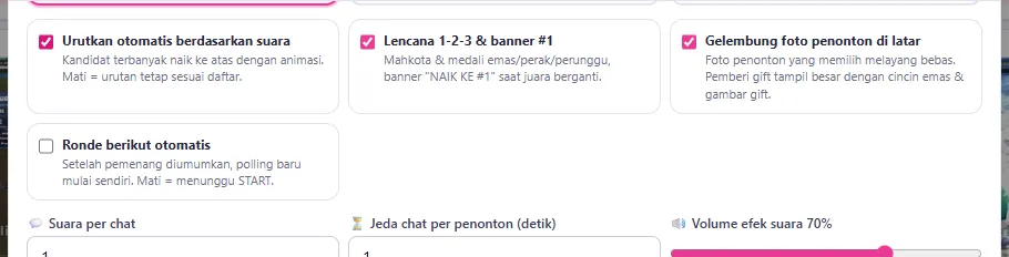 Empat centang, Suara per chat, Jeda chat & Volume efek suara