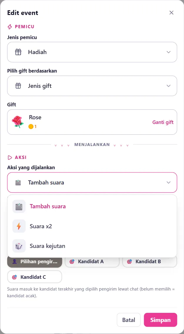 Pilihan aksi: Tambah suara, Suara x2, Suara kejutan