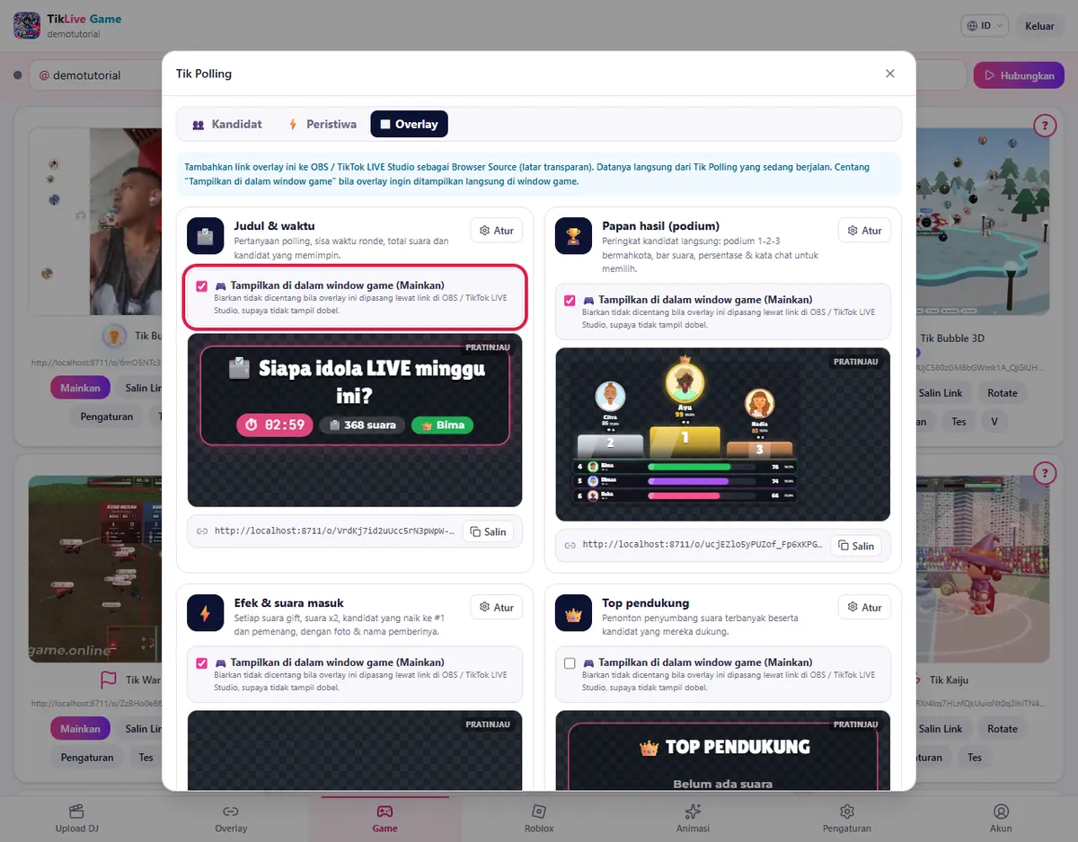 Tab Overlay: Judul & waktu, Papan hasil, dst. dengan centang 🎮 Tampilkan di dalam window game