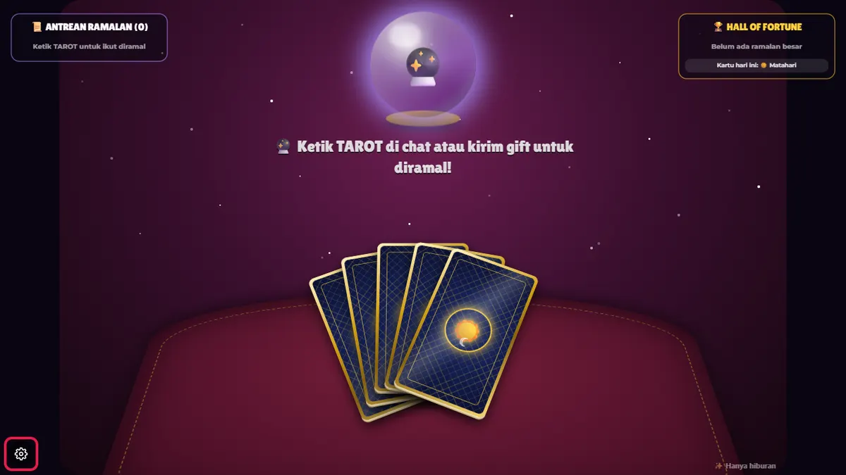 Window Mainkan Tik Tarot: meja tarot, tombol gerigi โ di kiri bawah