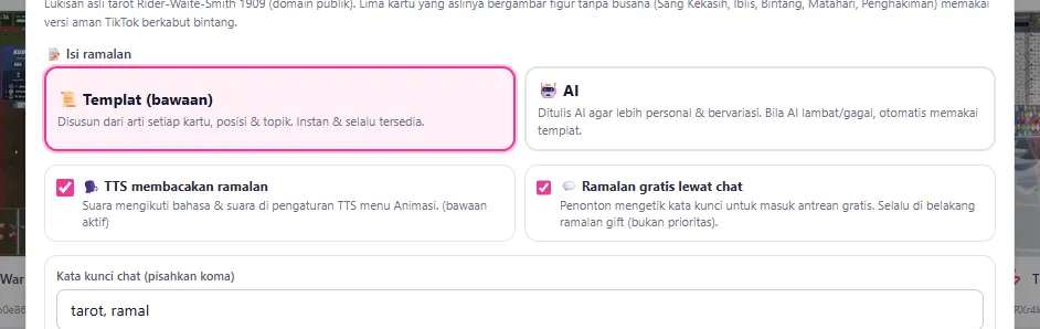 Isi ramalan (Templat/AI), TTS membacakan ramalan, Ramalan gratis lewat chat