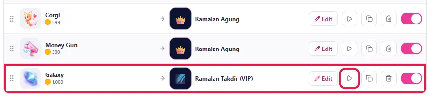 Baris Galaxy (Ramalan Takdir) dan tombol โถ Tes di game