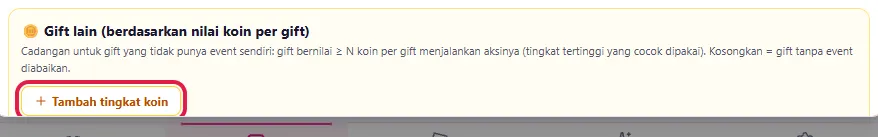 Kotak ๐ช Gift lain (berdasarkan nilai koin per gift) dan tombol Tambah tingkat koin