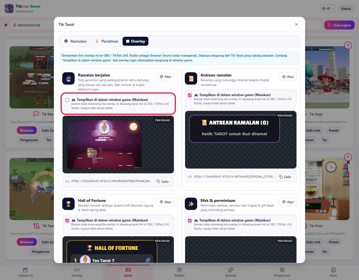 Tab Overlay: Ramalan berjalan, Antrean ramalan, dst. dengan centang ๐ฎ Tampilkan di dalam window game