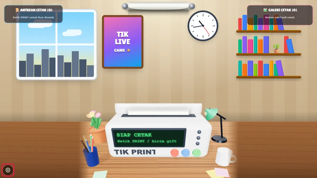 Window Mainkan Tik Print: meja kantor, printer SIAP CETAK & tulisan ketik PRINT, gerigi ⚙ kiri bawah