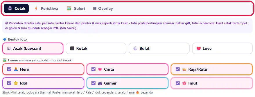 Empat tab (Cetak, Peristiwa, Galeri, Overlay), Bentuk foto dan Frame animasi