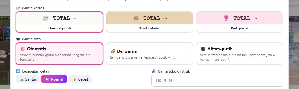 Warna kertas, Warna foto, Kecepatan cetak & Nama toko di struk