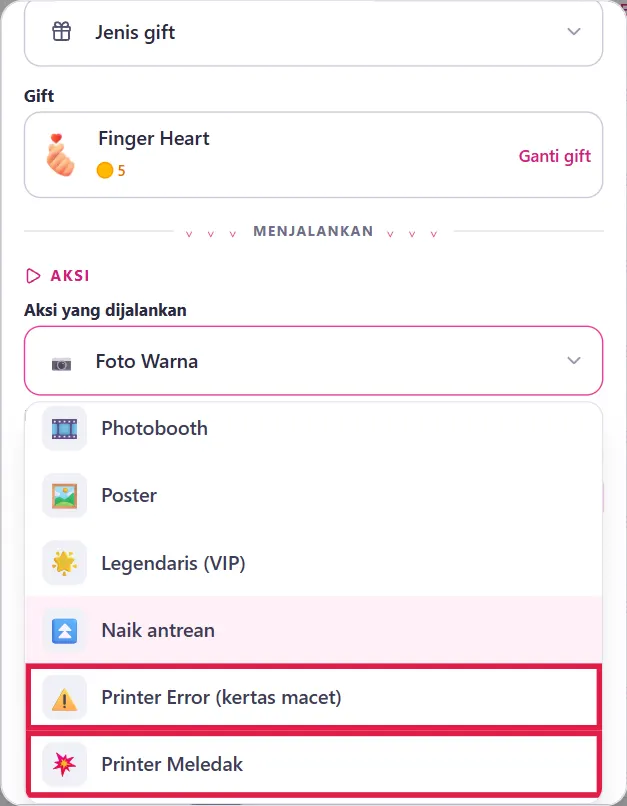 Dropdown Aksi yang dijalankan: ⚠️ Printer Error (kertas macet) & 💥 Printer Meledak
