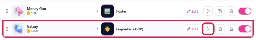Baris Galaxy (Legendaris) dan tombol ▶ Tes di game