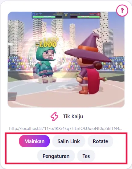 Tombol di kartu game: Mainkan, Salin Link, Rotate, Pengaturan, Tes