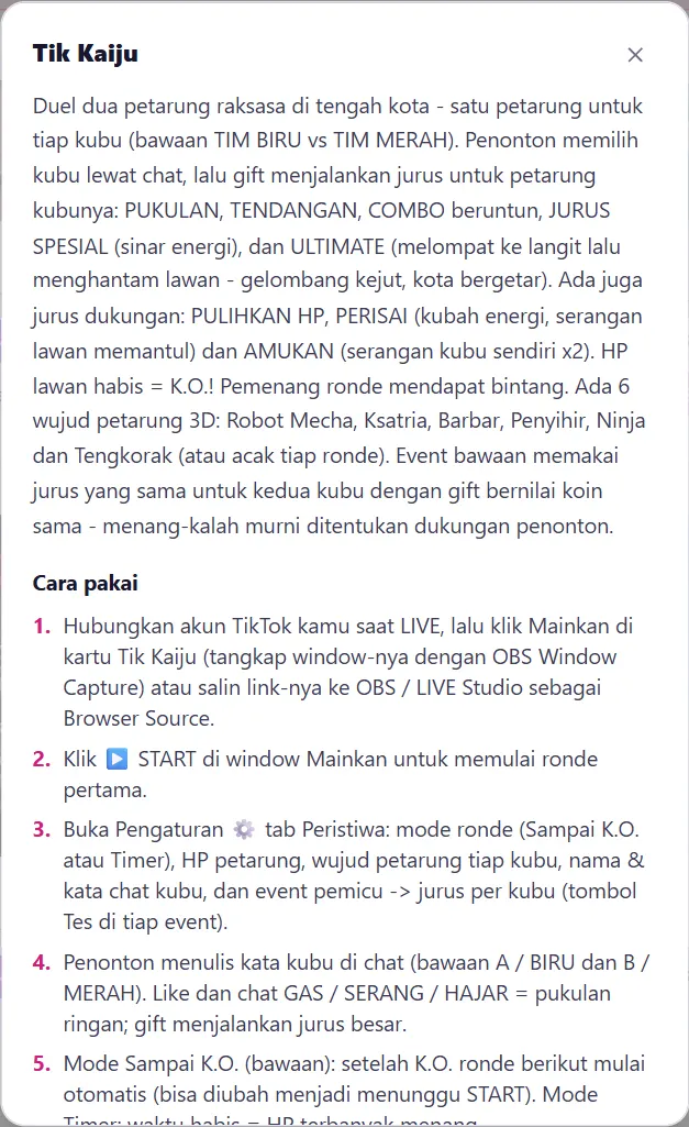 Modal Bantuan (?): judul, penjelasan, Cara pakai bernomor