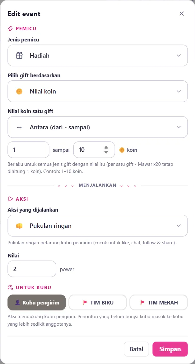 Pilih gift berdasarkan Nilai koin: Antara / Minimal / Maksimal