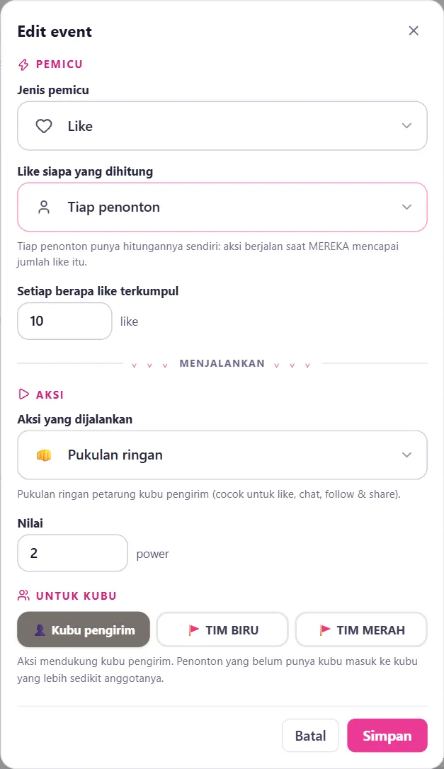 Pemicu Like: Like siapa yang dihitung & Setiap berapa like terkumpul