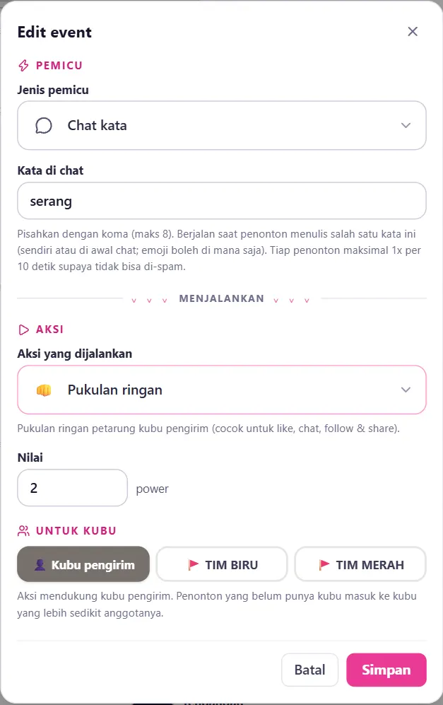 Pemicu Chat kata: kolom Kata di chat